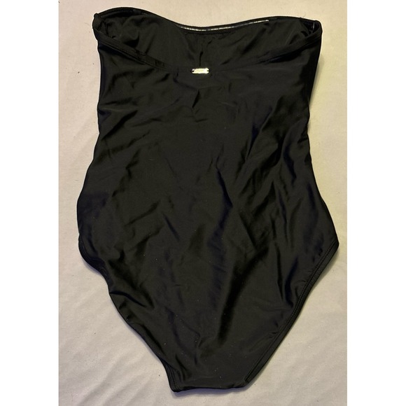 DKNY Women's Ruched Waist Slimming Strapless Black One Piece Swimsuit, Small - Picture 3 of 6